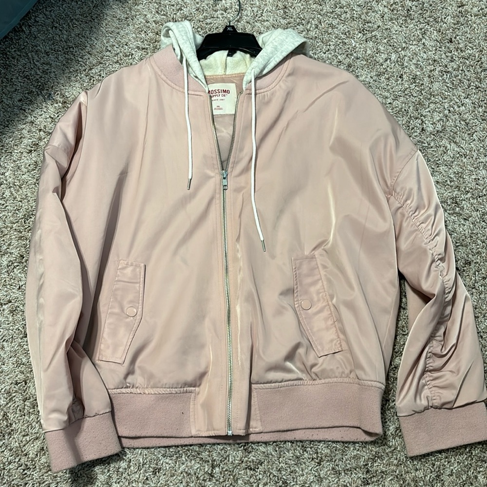 Mission Pink Bomber Jacket w/ Pale Gray Hoodie